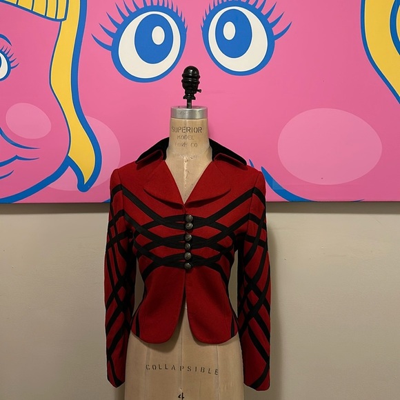 Moschino Red Wool Black Ribbon Military Velvet Trim Jacket